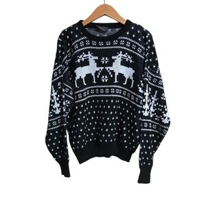 Vintage Sears Men's Size Medium Black and White Reindeer Sweater.